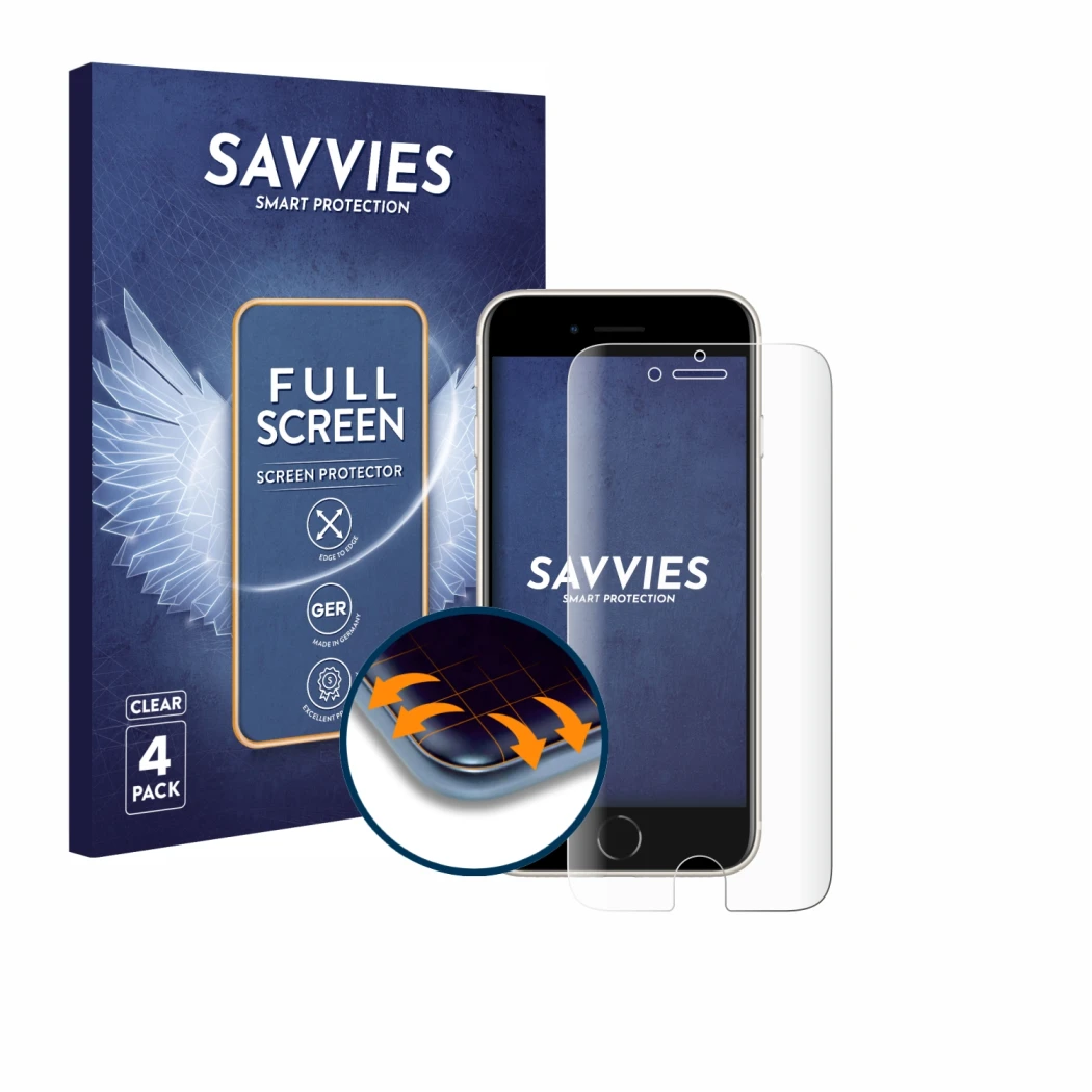 Front side of a product packaging with the brand logo Savvies. Next to it is the device Apple iPhone SE 3 2022 shown with the 