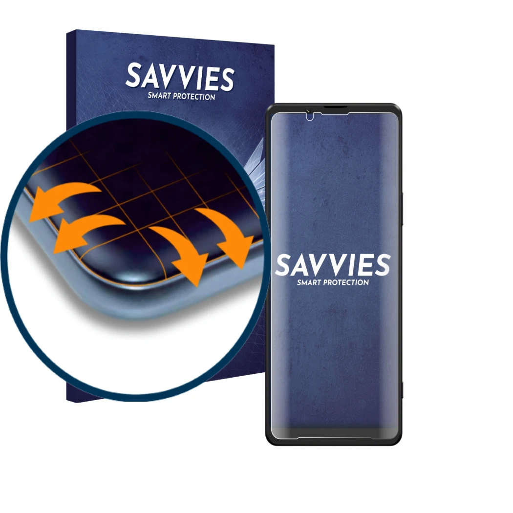 Front side of a product packaging with the brand logo Savvies. Next to it is the device Sony Xperia 1 III shown with the corre