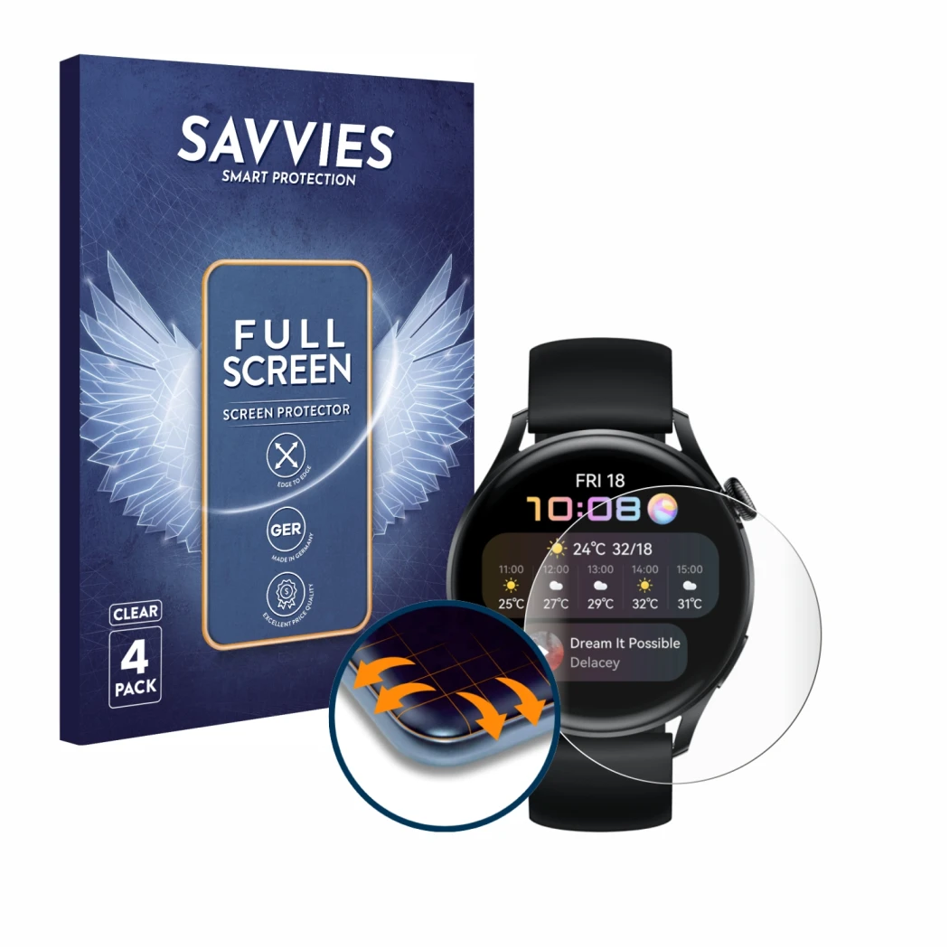 Front side of a product packaging with the brand logo Savvies. Next to it is the device Huawei Watch 3 shown with the correspo