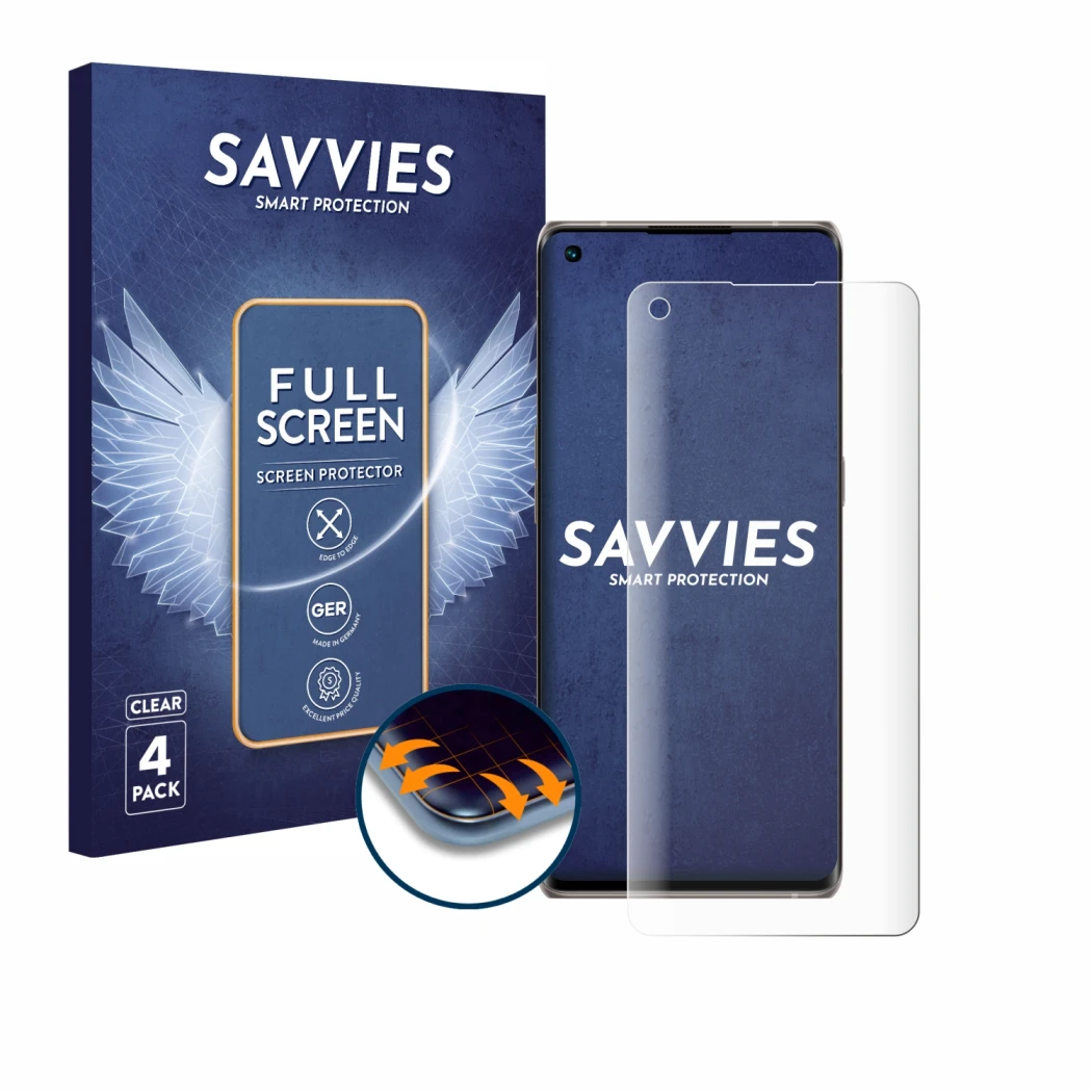 Front side of a product packaging with the brand logo Savvies. Next to it is the device Oppo Find X3 Neo shown with the corres