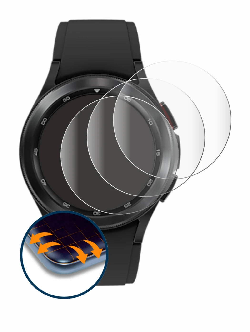 Image of the device Samsung Galaxy Watch 4 Classic (42mm) with a wide variety of screen protectors.