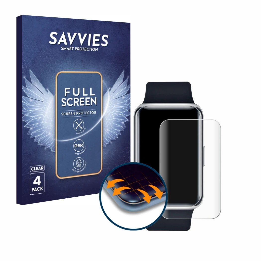 Front side of a product packaging with the brand logo Savvies. Next to it is the device Huawei Watch Fit Elegant shown with th