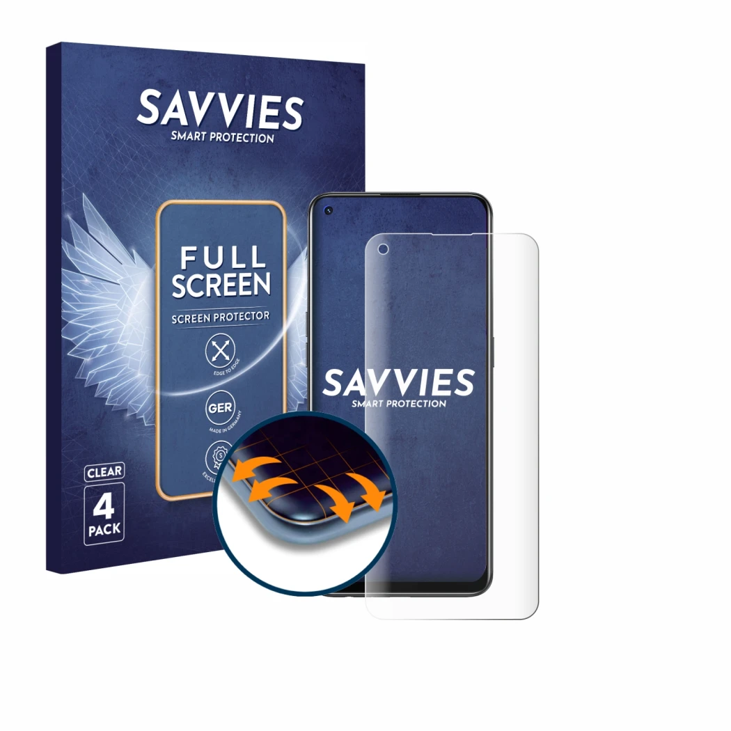 Front side of a product packaging with the brand logo Savvies. Next to it is the device Oppo A94 5G shown with the correspondi