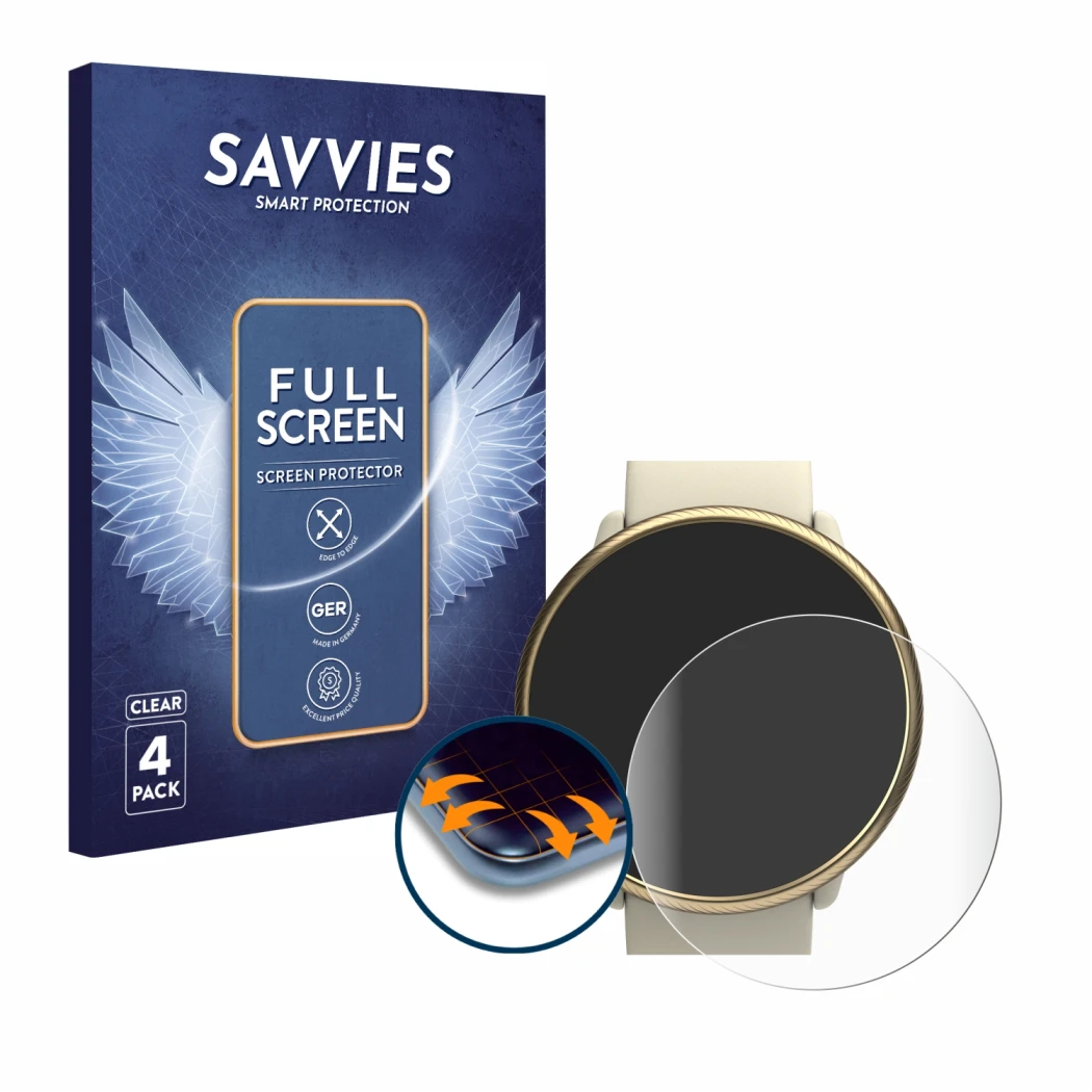 Front side of a product packaging with the brand logo Savvies. Next to it is the device Polar Ignite 2 shown with the correspo