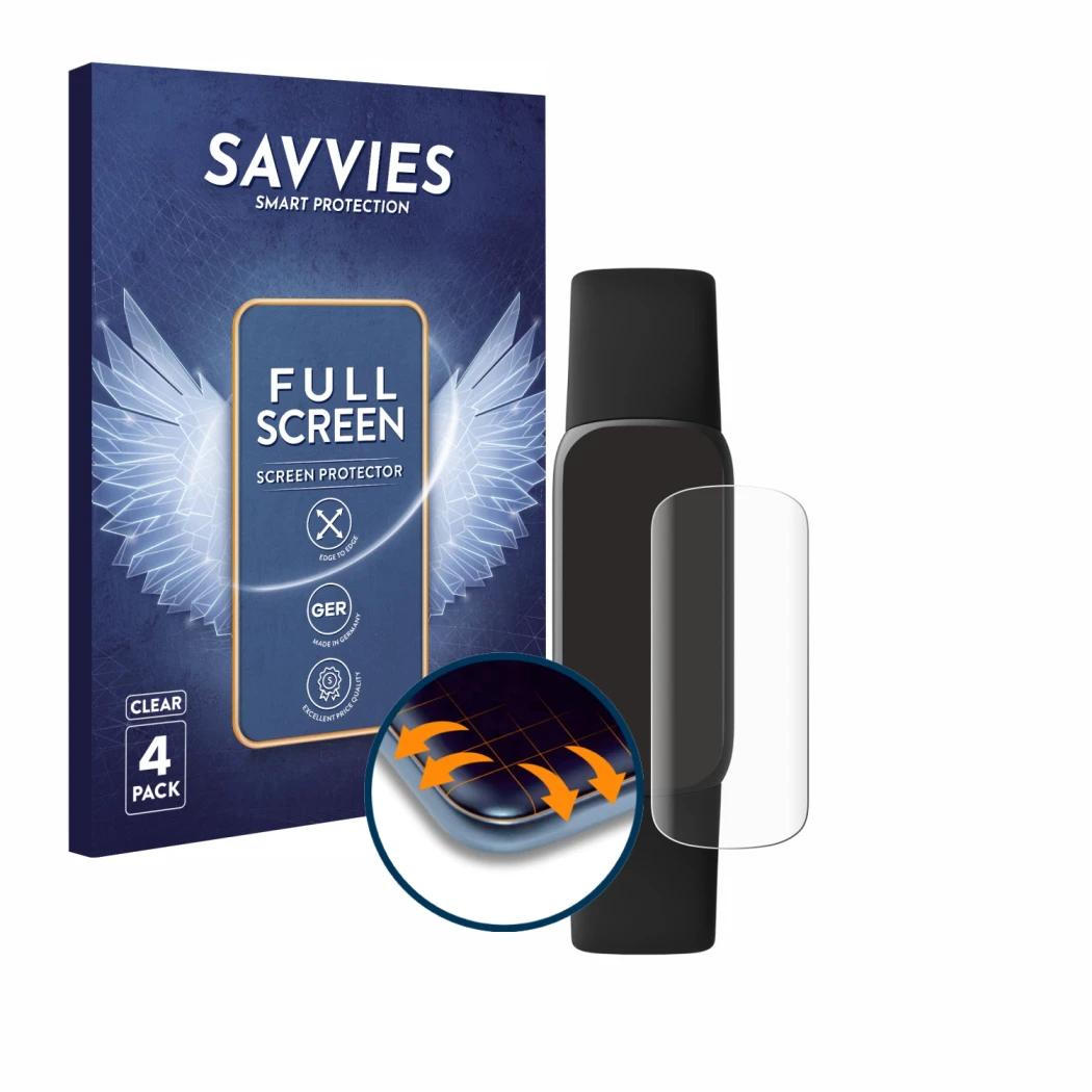 Front side of a product packaging with the brand logo Savvies. Next to it is the device Fitbit Luxe shown with the correspondi