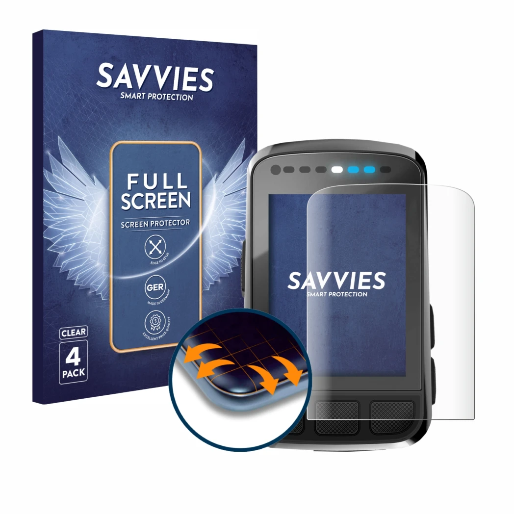 Front side of a product packaging with the brand logo Savvies. Next to it is the device Wahoo Elemnt Bolt V2 GPS shown with th