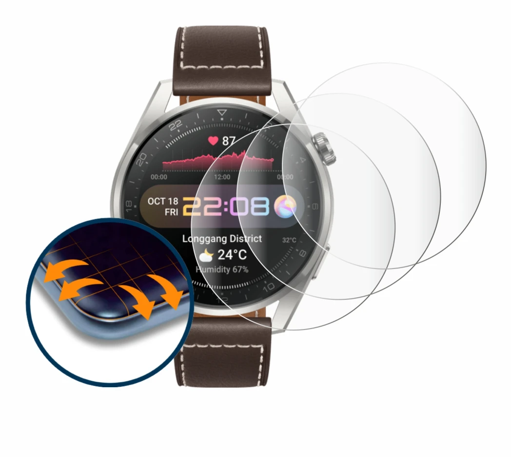 Image of the device Huawei Watch 3 Pro with a wide variety of screen protectors.