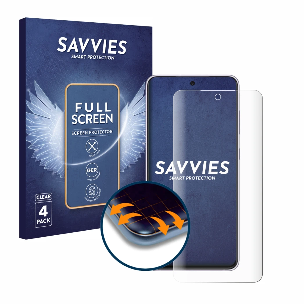 Front side of a product packaging with the brand logo Savvies. Next to it is the device Samsung Galaxy S21 FE 5G shown with th