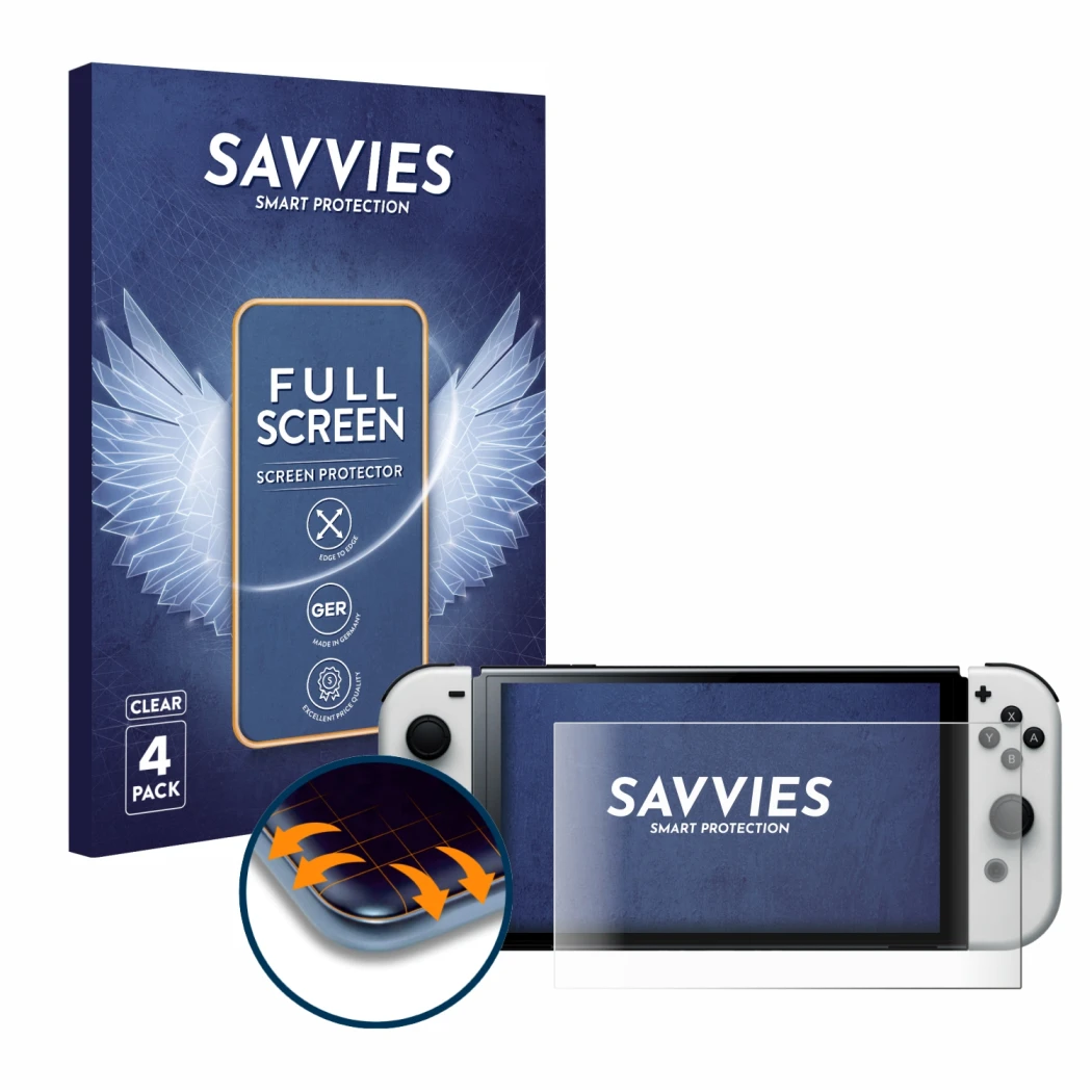 Front side of a product packaging with the brand logo Savvies. Next to it is the device Nintendo Switch OLED-Modell shown with
