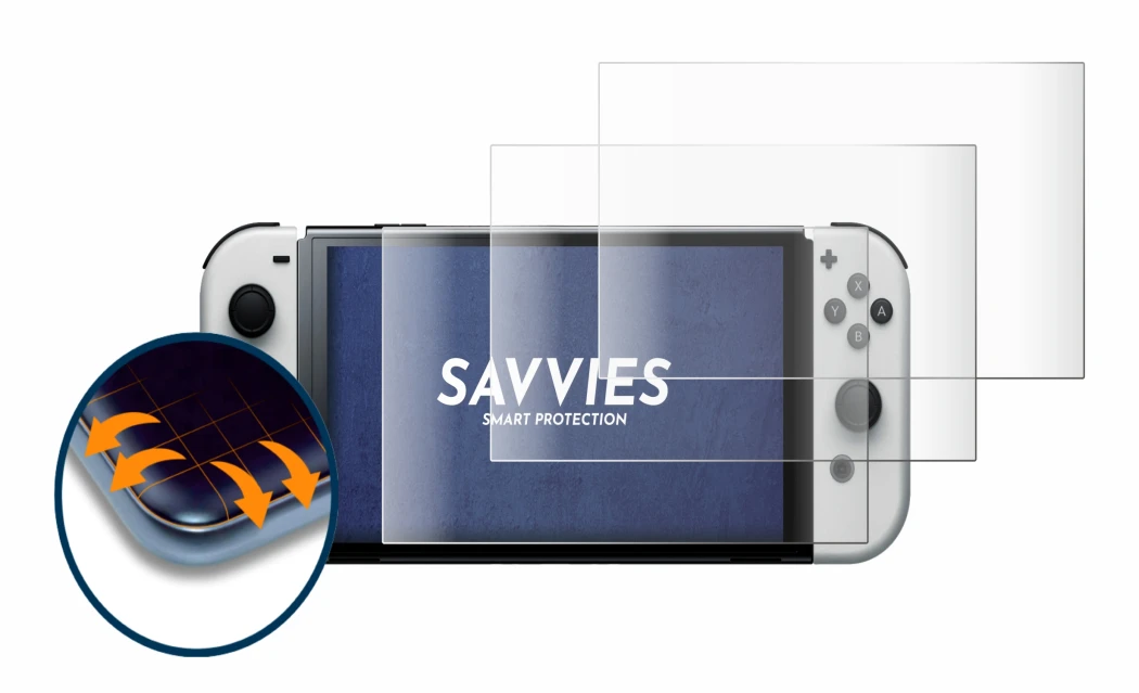 Image of the device Nintendo Switch OLED-Modell with a wide variety of screen protectors.