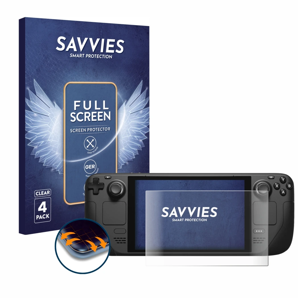 Front side of a product packaging with the brand logo Savvies. Next to it is the device Valve Steam Deck shown with the corres