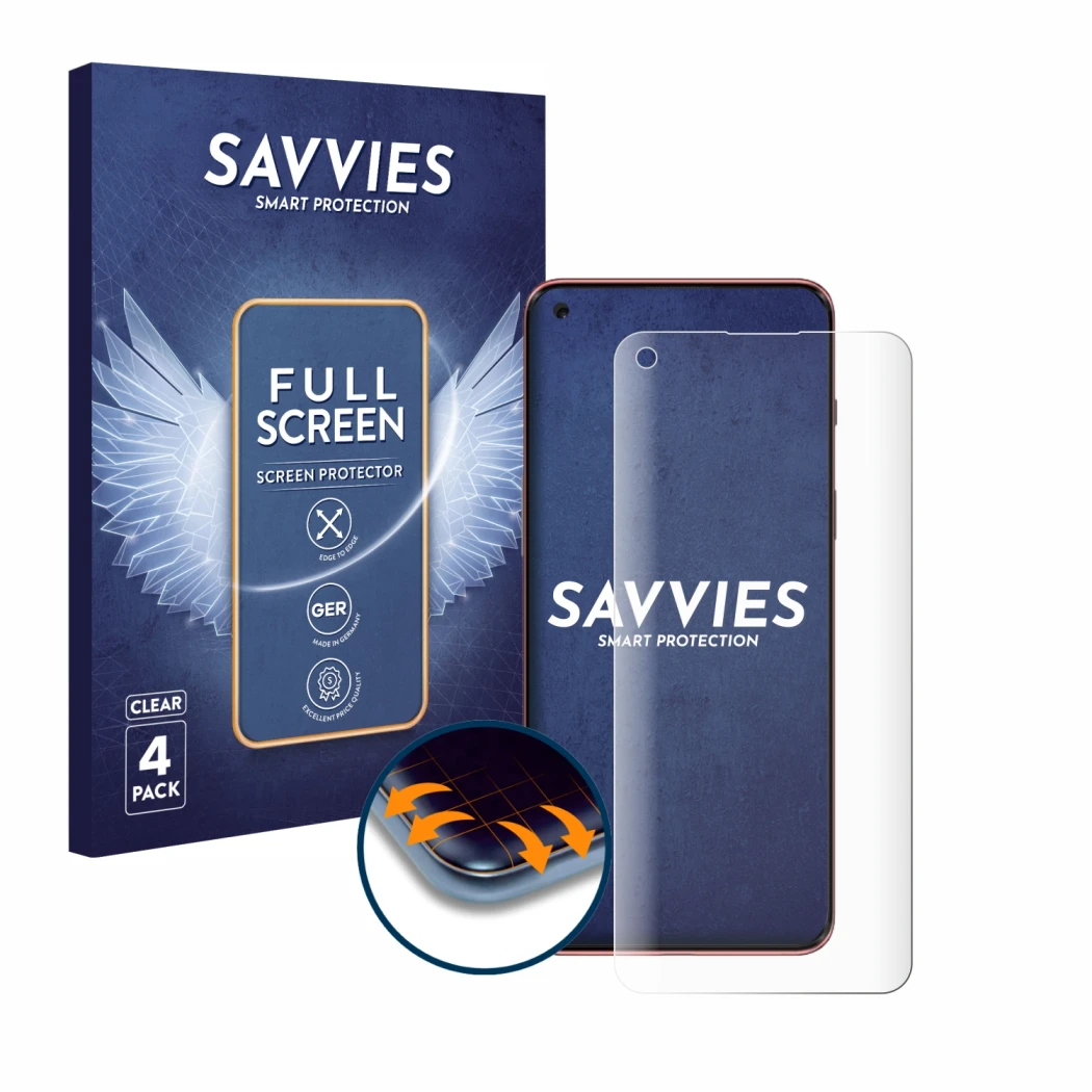 Front side of a product packaging with the brand logo Savvies. Next to it is the device OnePlus Nord 2 5G shown with the corre