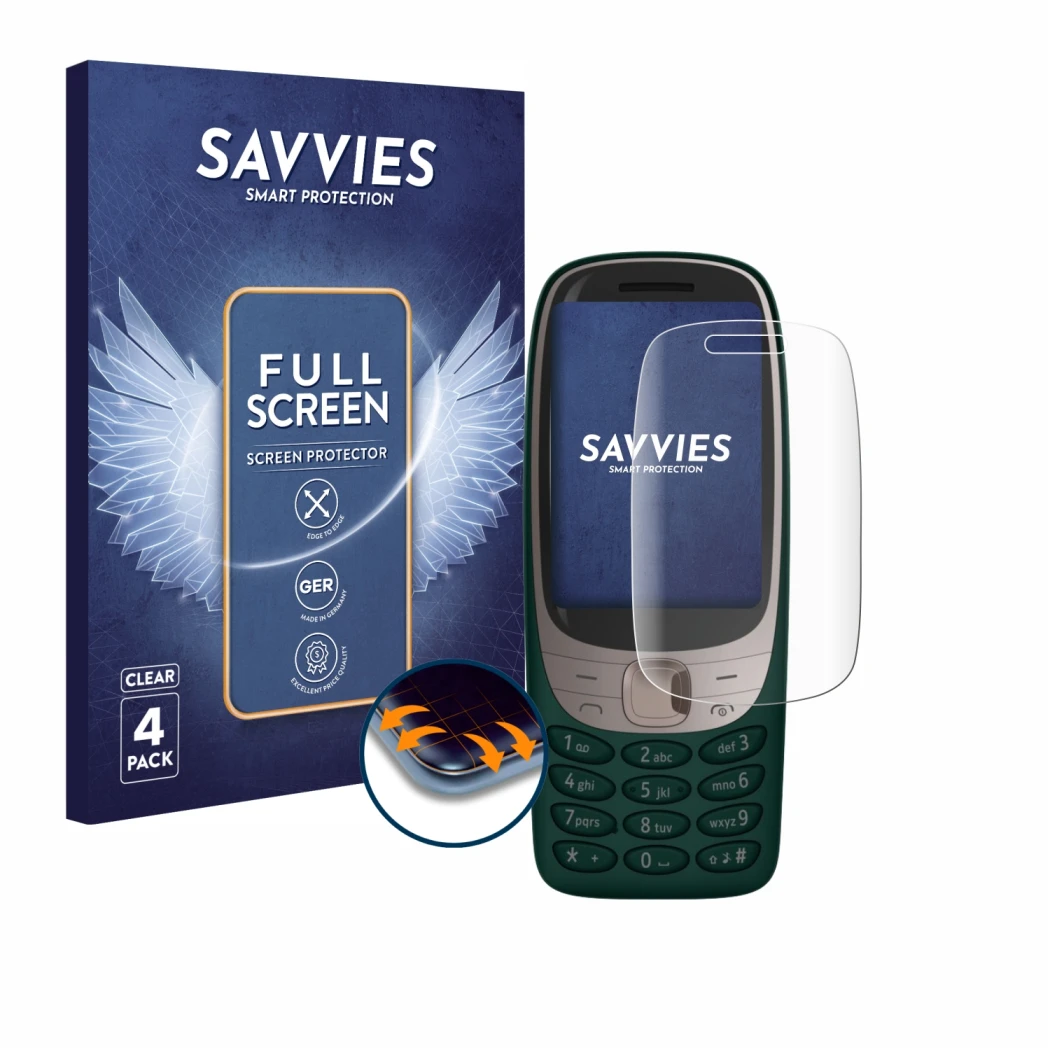 Front side of a product packaging with the brand logo Savvies. Next to it is the device Nokia 6310 (2021) shown with the corre