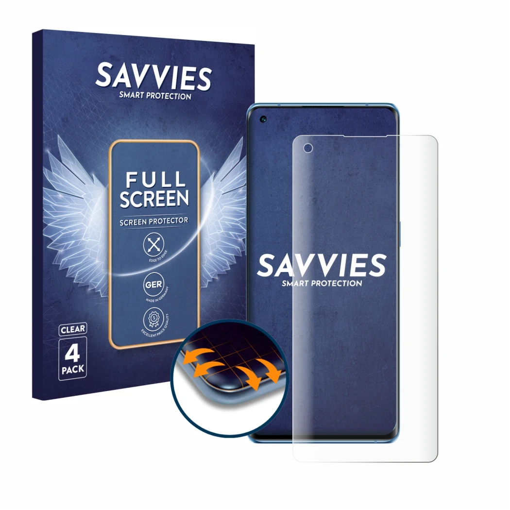Front side of a product packaging with the brand logo Savvies. Next to it is the device Oppo Reno 6 Pro 5G (Snapdragon) shown