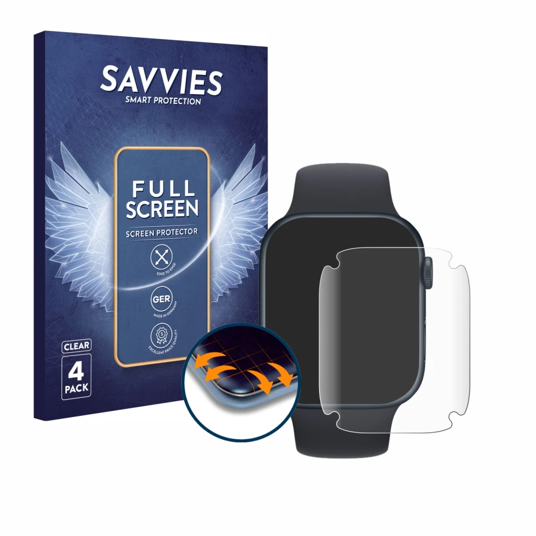 Front side of a product packaging with the brand logo Savvies. Next to it is the device Apple Watch Series 7 (45 mm) shown wit