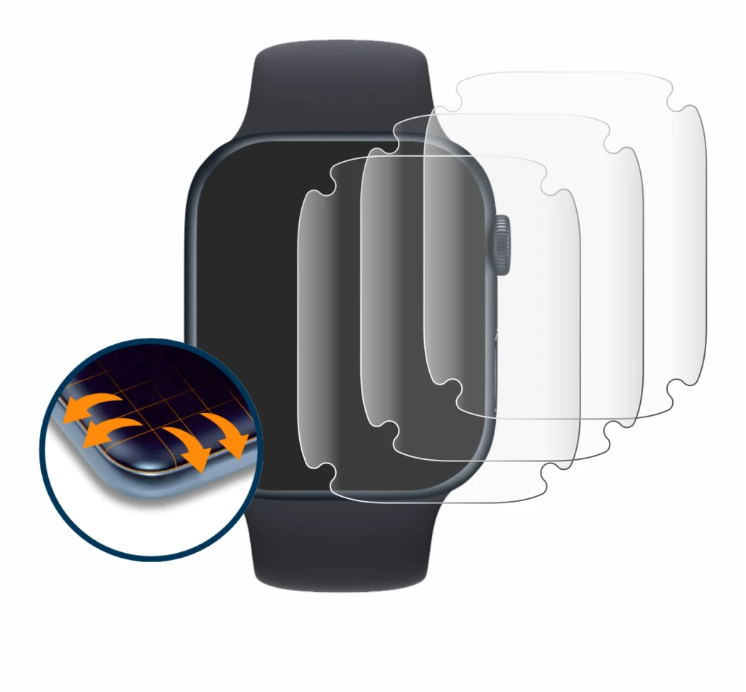 Image of the device Apple Watch Series 7 (45 mm) with a wide variety of screen protectors.