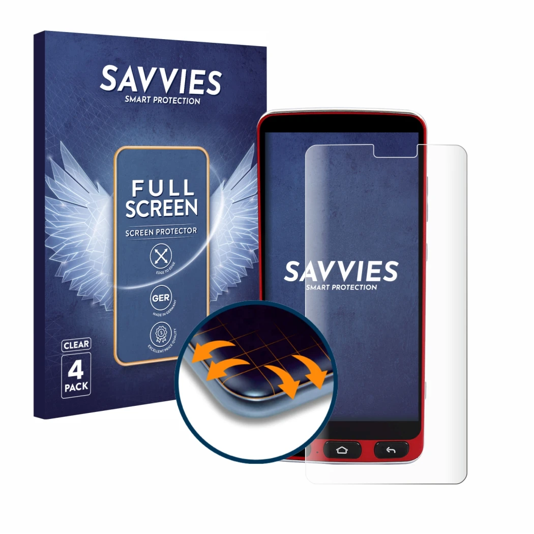 Front side of a product packaging with the brand logo Savvies. Next to it is the device Olympia Neo Smartphone shown with the