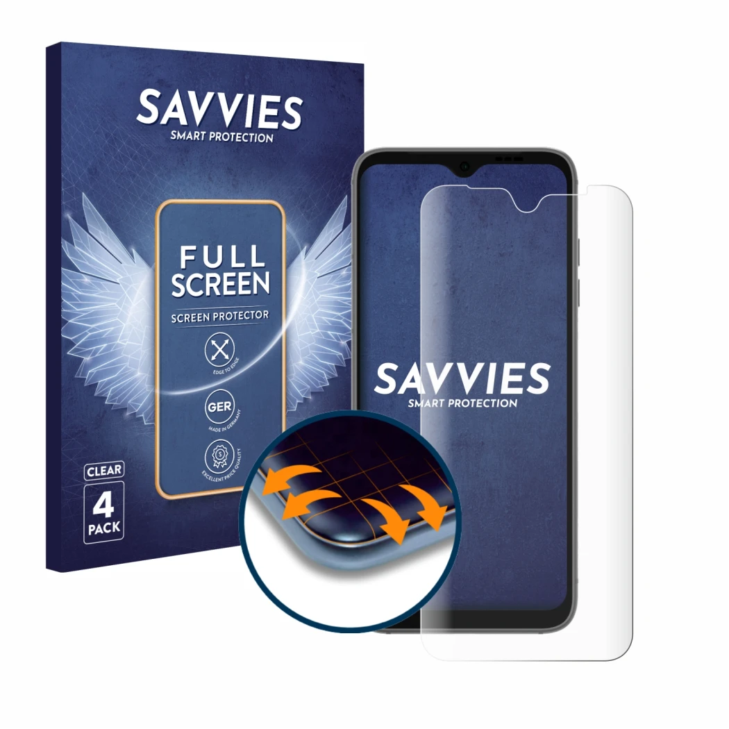 Front side of a product packaging with the brand logo Savvies. Next to it is the device Fairphone 4 shown with the correspondi