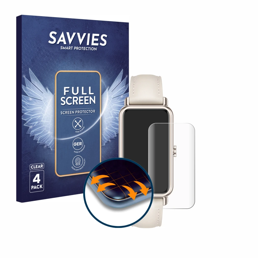 Front side of a product packaging with the brand logo Savvies. Next to it is the device Huawei Watch Fit mini shown with the c
