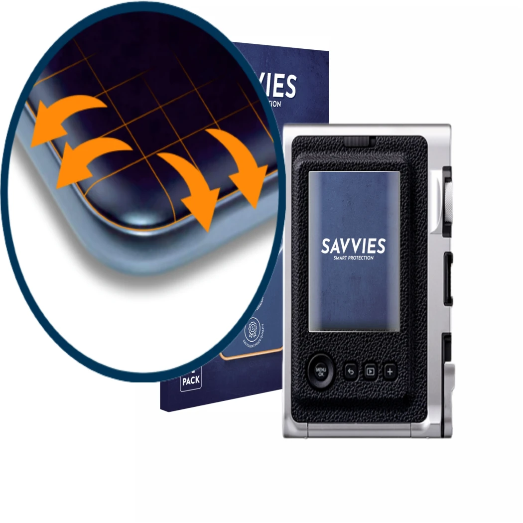 Front side of a product packaging with the brand logo Savvies. Next to it is the device Fujifilm Instax Mini Evo shown with th