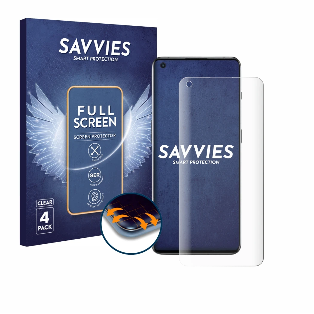 Front side of a product packaging with the brand logo Savvies. Next to it is the device OnePlus 10 Pro 5G shown with the corre