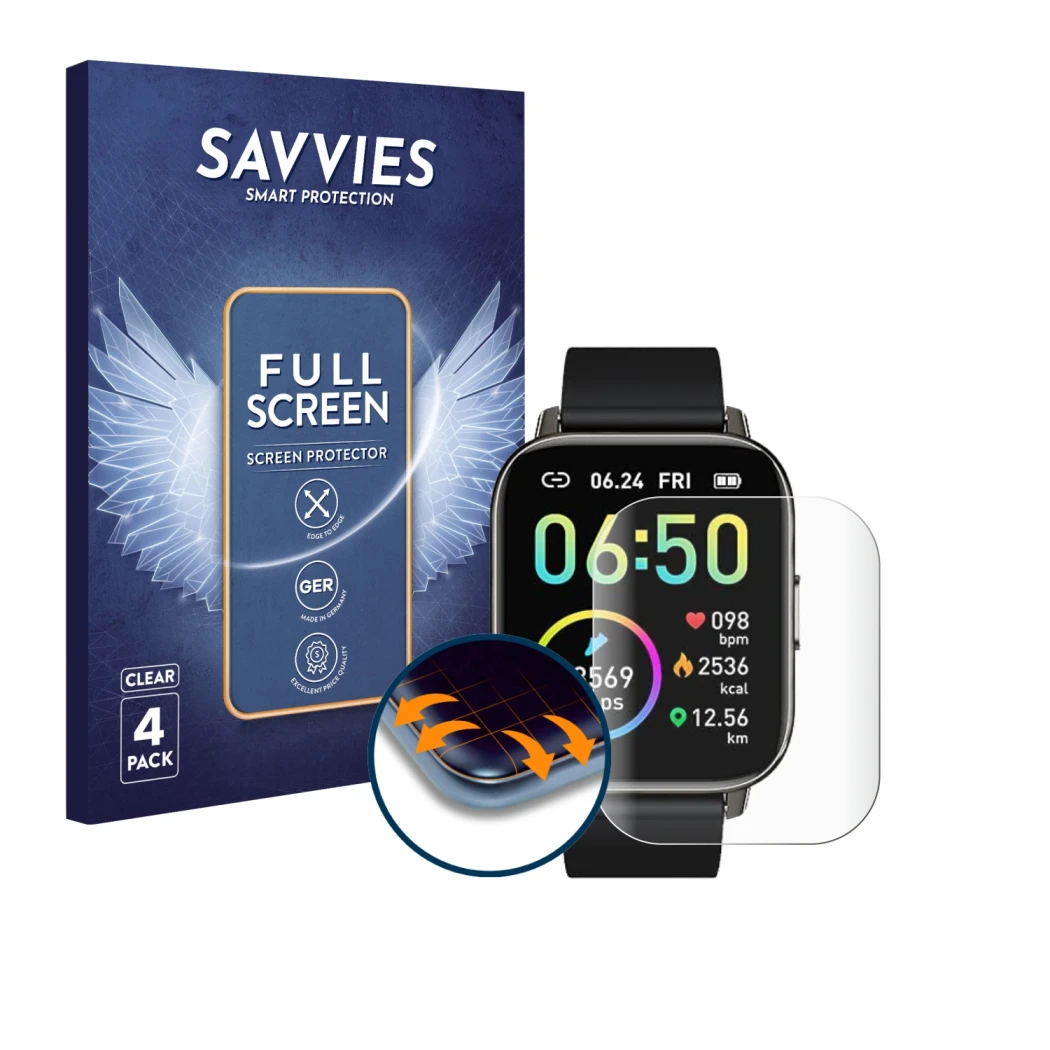 Front side of a product packaging with the brand logo Savvies. Next to it is the device Motast P32 shown with the correspondin