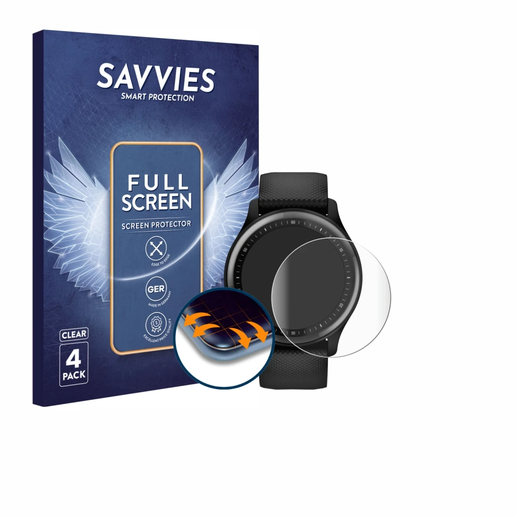 Front side of a product packaging with the brand logo Savvies. Next to it is the device Garmin Vivomove Sport shown with the c