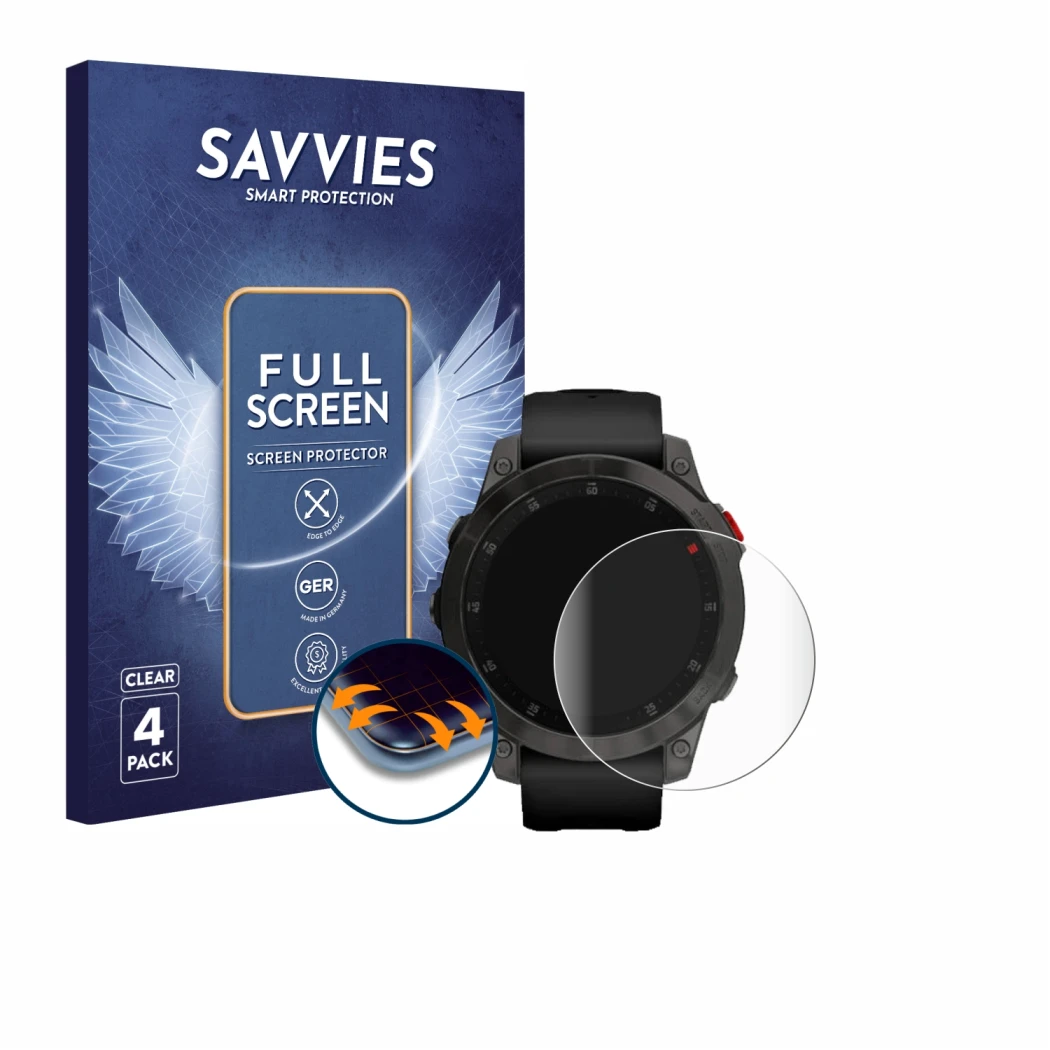 Front side of a product packaging with the brand logo Savvies. Next to it is the device Garmin epix (Gen. 2) shown with the co