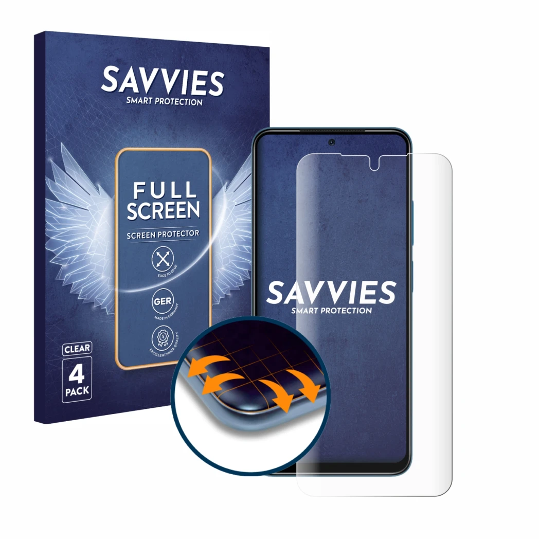 Front side of a product packaging with the brand logo Savvies. Next to it is the device Xiaomi Redmi Note 11 shown with the co