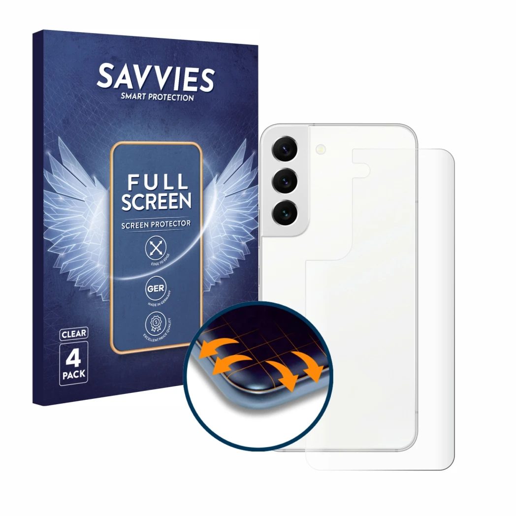 Front side of a product packaging with the brand logo Savvies. Next to it is the device Samsung Galaxy S22 5G (Back) shown wit