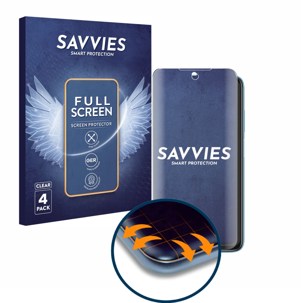 Front side of a product packaging with the brand logo Savvies. Next to it is the device Xiaomi Redmi 10 (2022) shown with the 