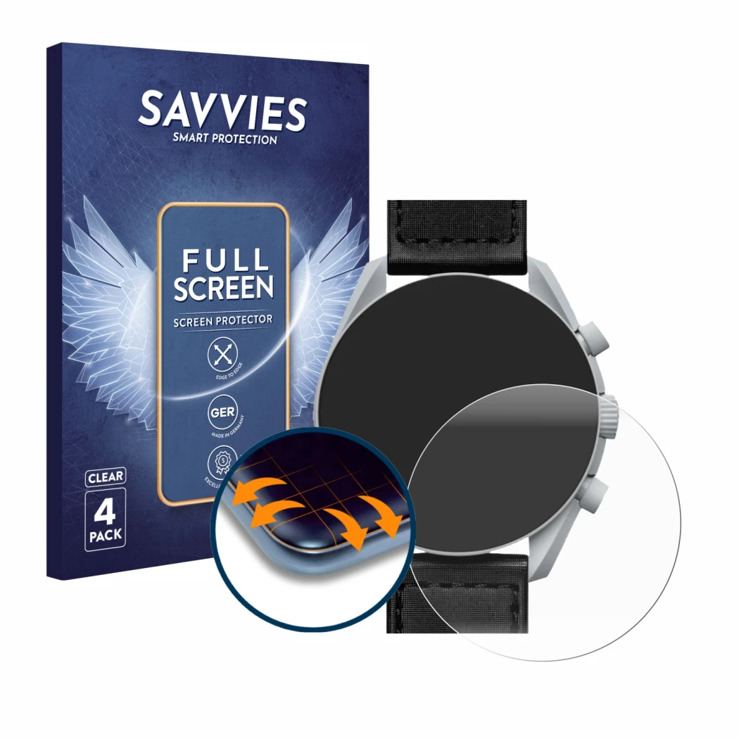 Front side of a product packaging with the brand logo Savvies. Next to it is the device Omega x Swatch Speedmaster Moonswatch 