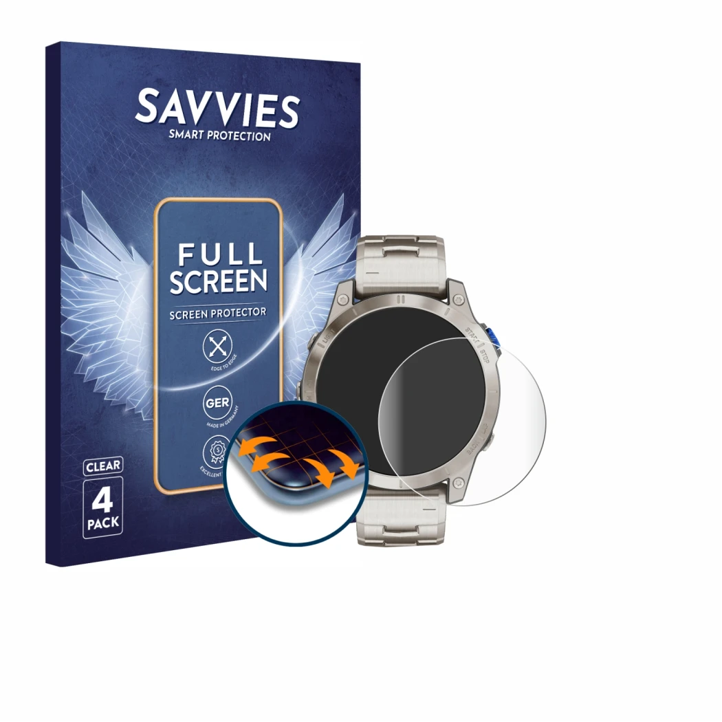 Front side of a product packaging with the brand logo Savvies. Next to it is the device Garmin D2 Mach 1 shown with the corres