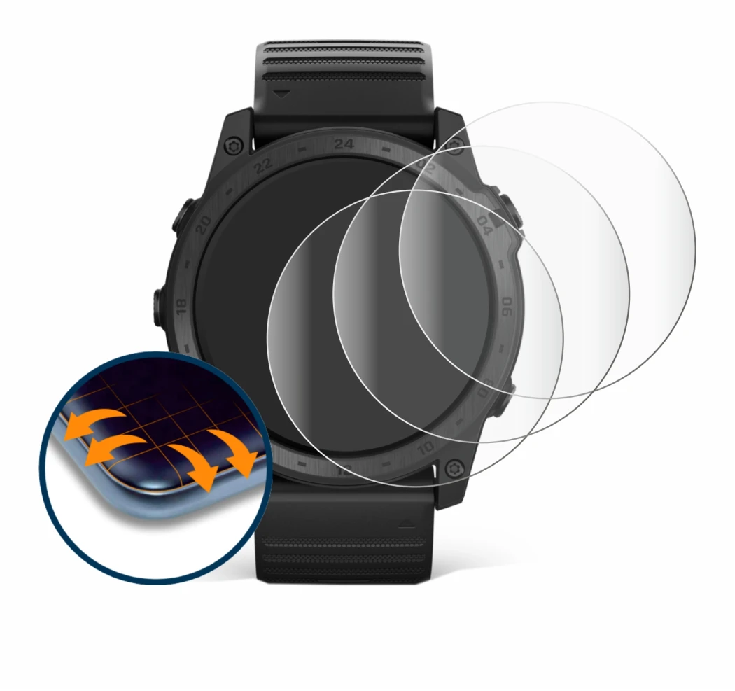 Image of the device Garmin Tactix 7 Pro with a wide variety of screen protectors.