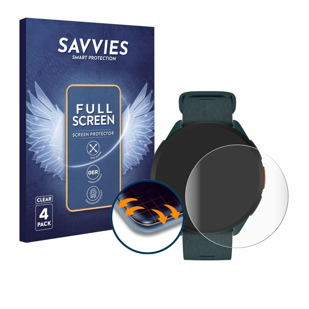 Front side of a product packaging with the brand logo Savvies. Next to it is the device Polar Pacer shown with the correspondi