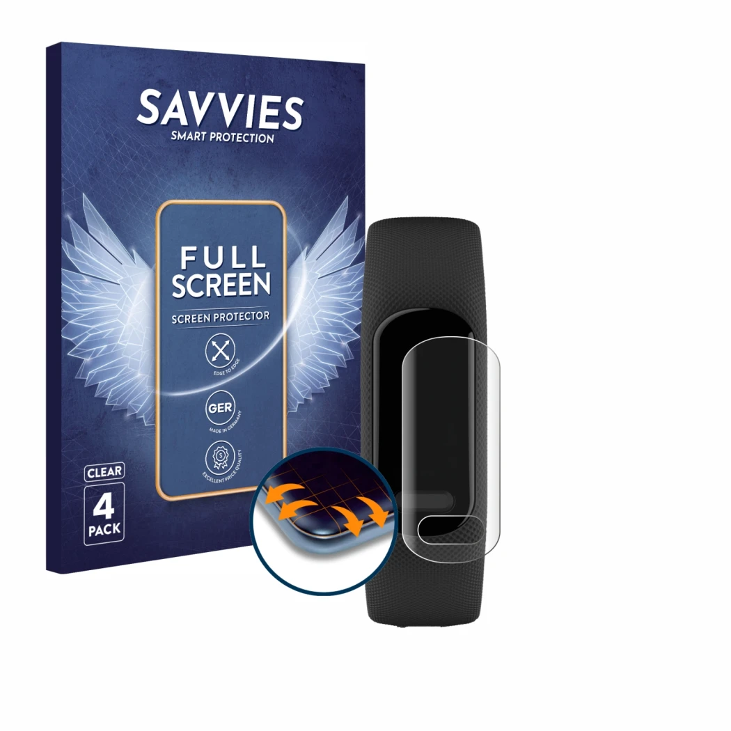 Front side of a product packaging with the brand logo Savvies. Next to it is the device Garmin Vivosmart 5 shown with the corr