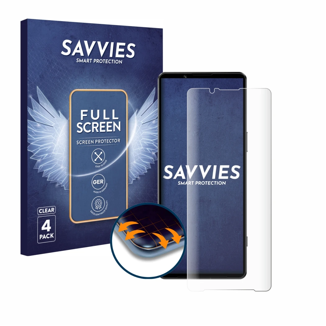 Front side of a product packaging with the brand logo Savvies. Next to it is the device Sony Xperia 1 IV shown with the corres
