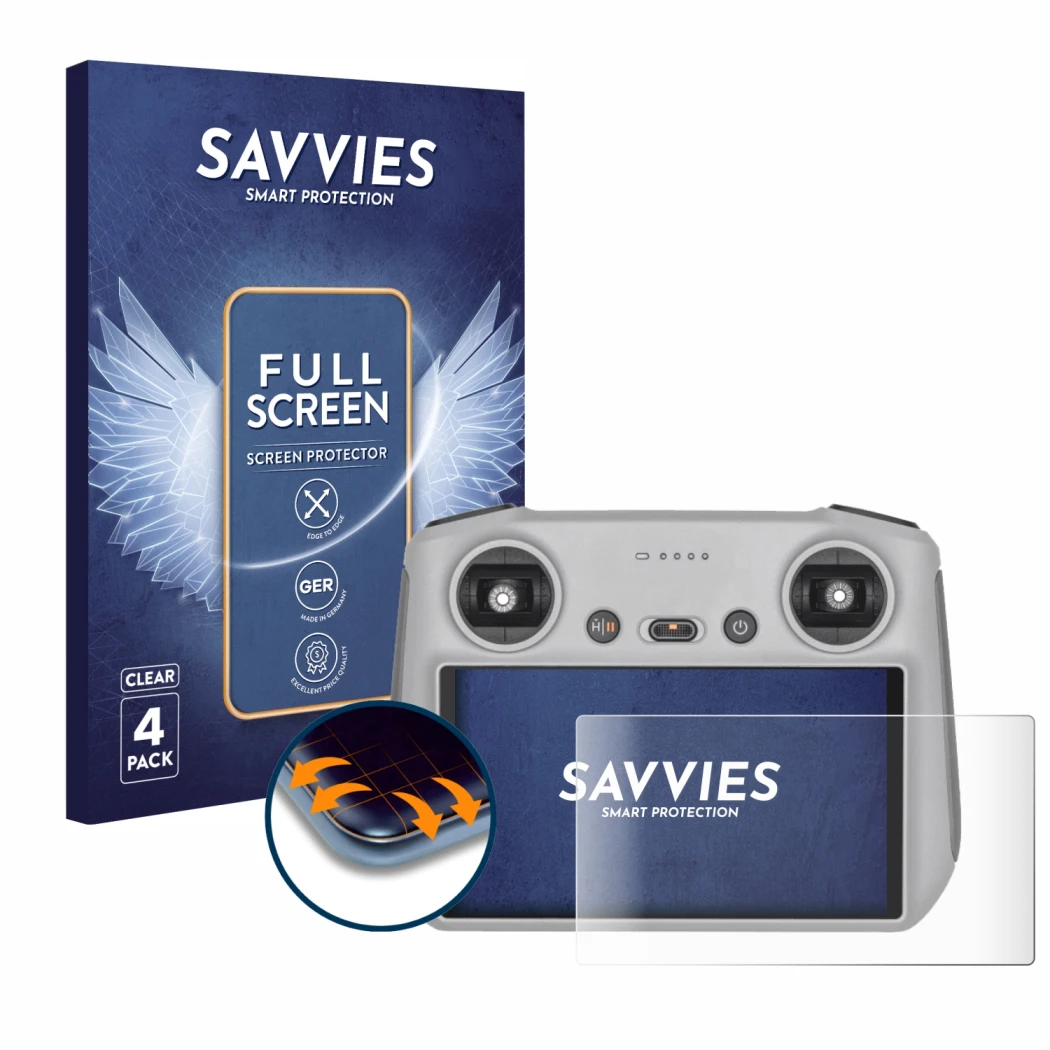 Front side of a product packaging with the brand logo Savvies. Next to it is the device DJI RC Controller shown with the corre