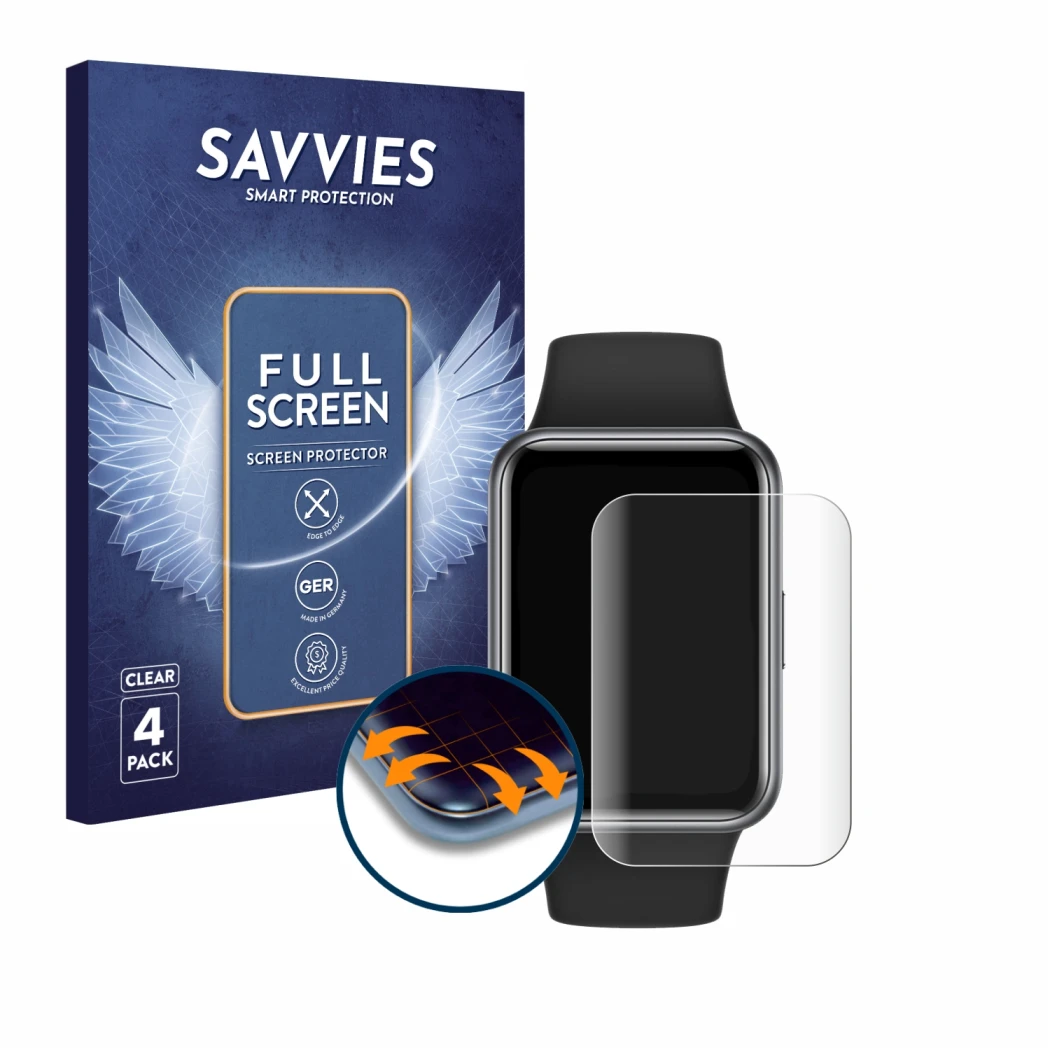 Front side of a product packaging with the brand logo Savvies. Next to it is the device Huawei Watch Fit 2 shown with the corr