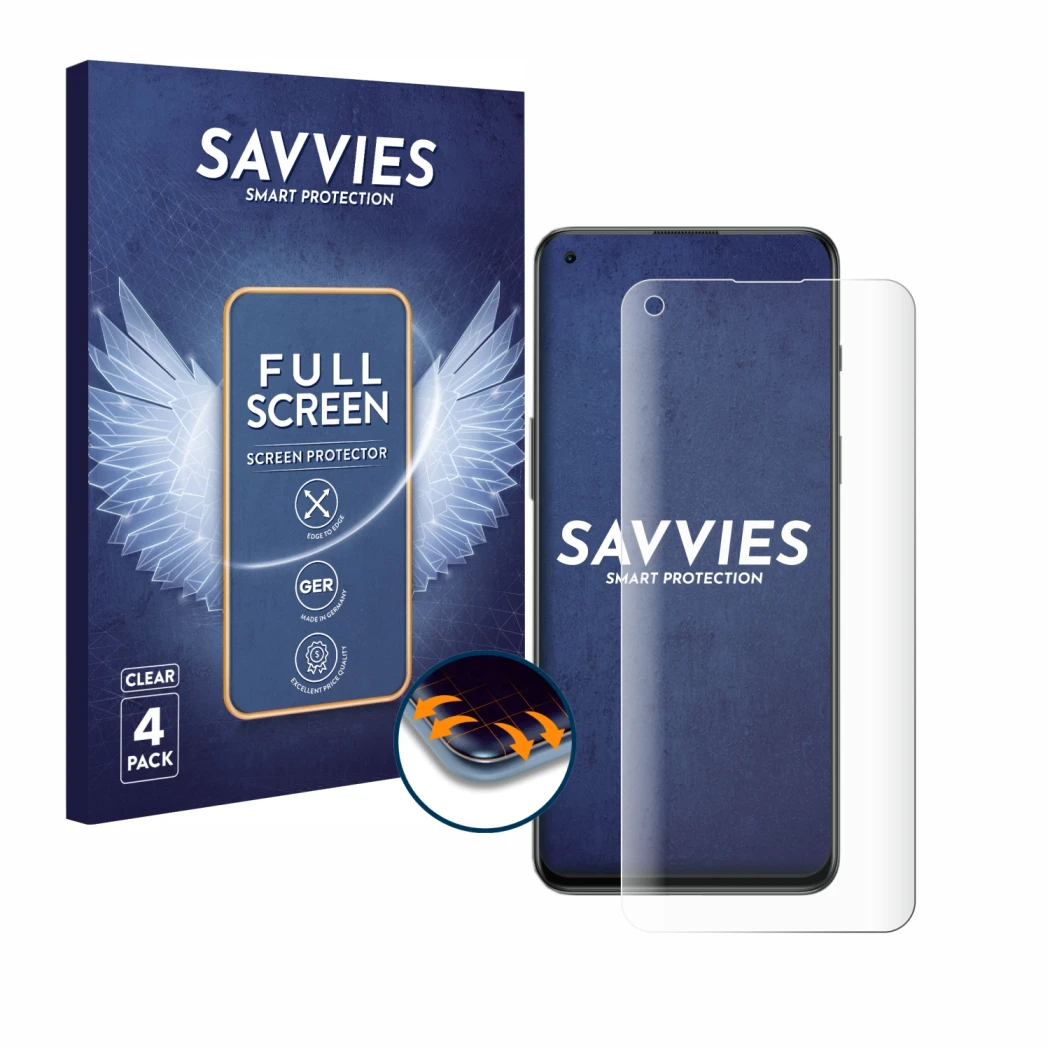 Front side of a product packaging with the brand logo Savvies. Next to it is the device OnePlus Nord 2T 5G shown with the corr