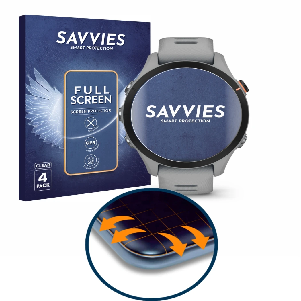 Front side of a product packaging with the brand logo Savvies. Next to it is the device Garmin Forerunner 255S shown with the