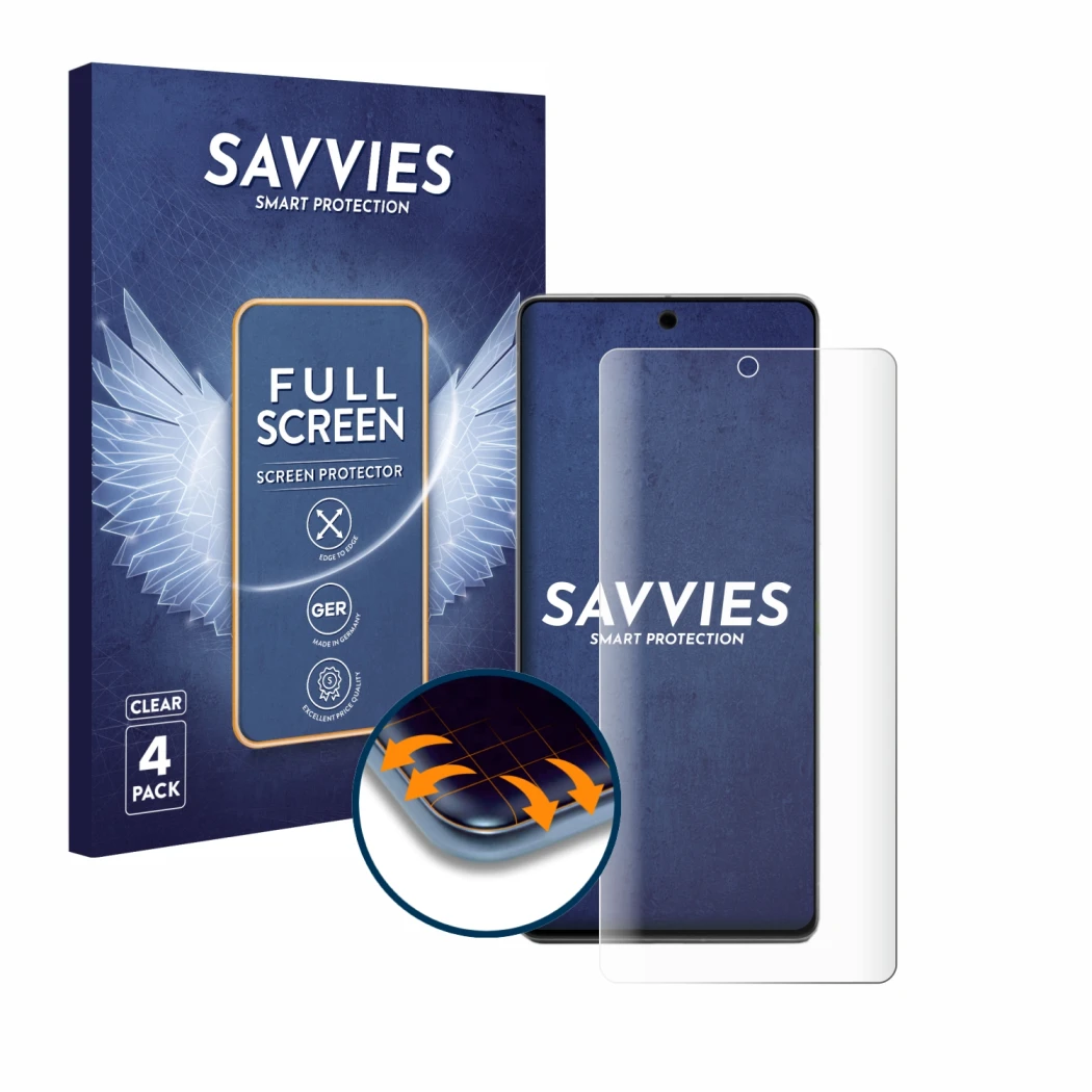 Front side of a product packaging with the brand logo Savvies. Next to it is the device Google Pixel 7 Pro shown with the corr