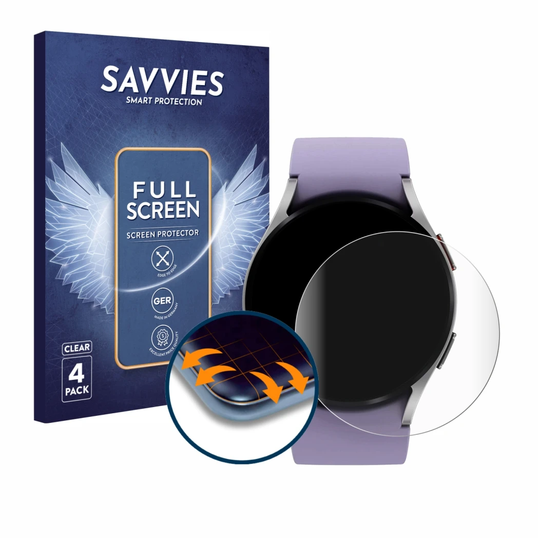 Front side of a product packaging with the brand logo Savvies. Next to it is the device Samsung Galaxy Watch 5 (40mm) shown wi