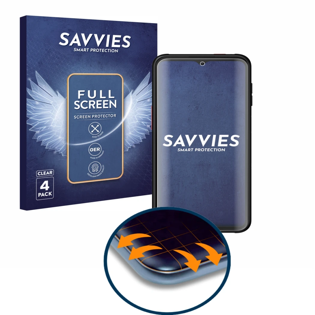 Front side of a product packaging with the brand logo Savvies. Next to it is the device Samsung Galaxy Xcover 6 Pro shown with