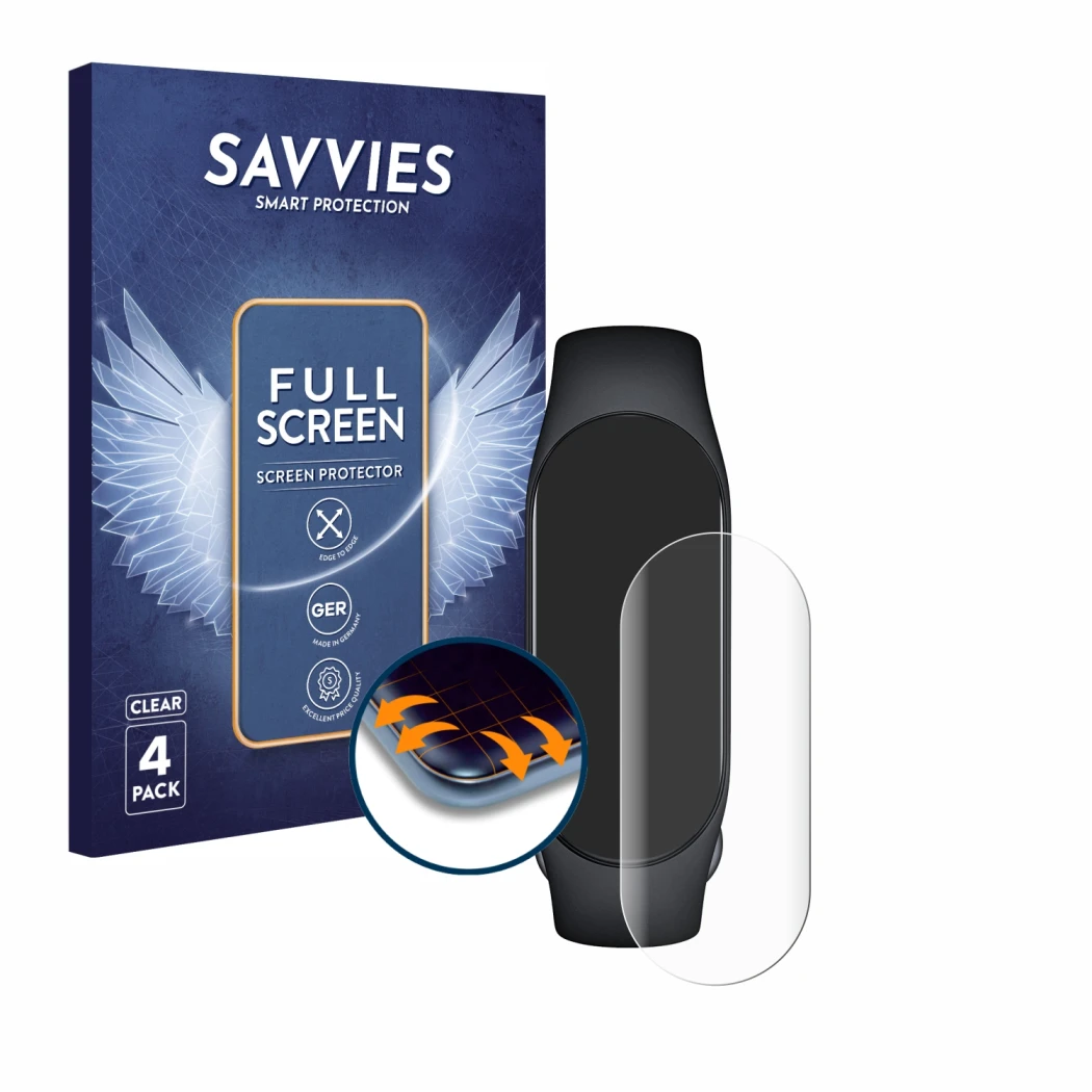 Front side of a product packaging with the brand logo Savvies. Next to it is the device Xiaomi Smart Band 7 shown with the cor