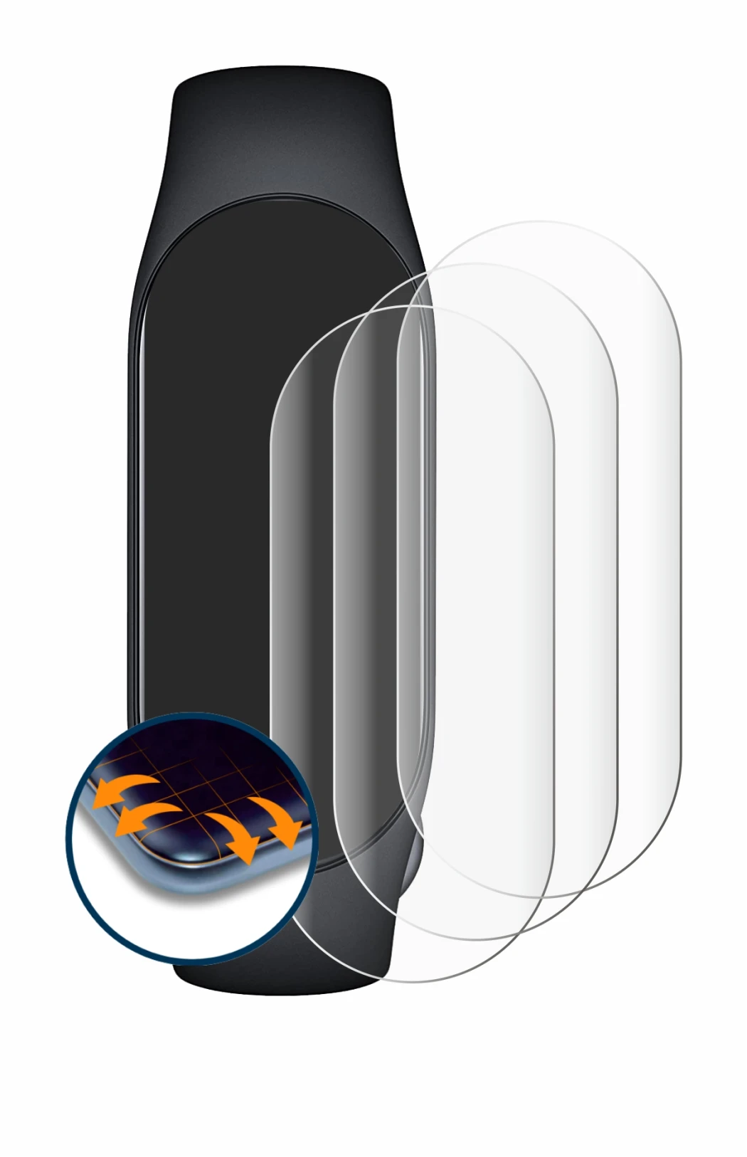 Image of the device Xiaomi Smart Band 7 with a wide variety of screen protectors.