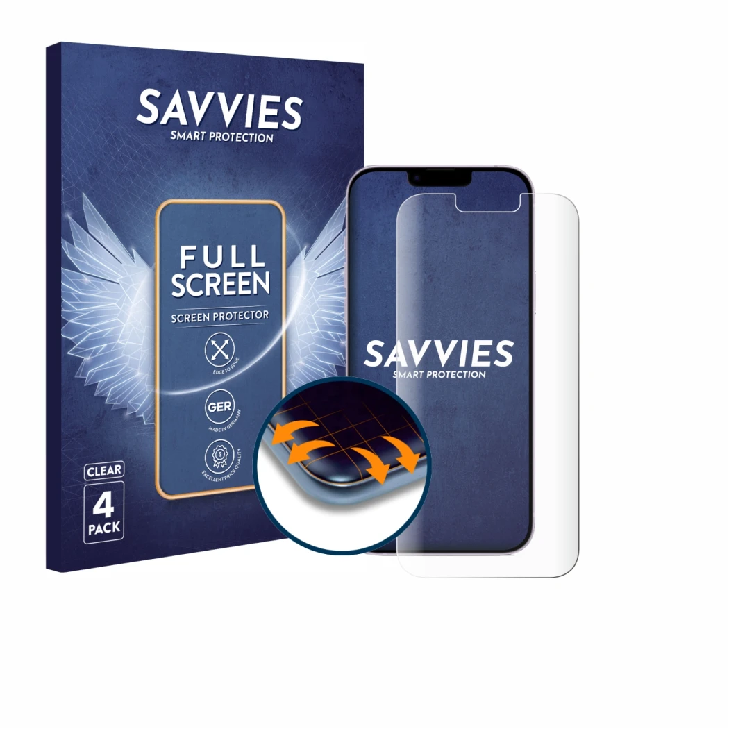 Front side of a product packaging with the brand logo Savvies. Next to it is the device Apple iPhone 14 Plus shown with the co