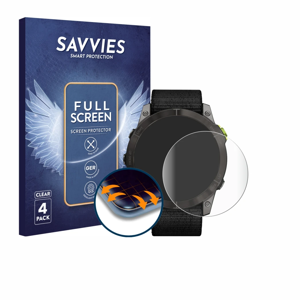 Front side of a product packaging with the brand logo Savvies. Next to it is the device Garmin Enduro 2 shown with the corresp