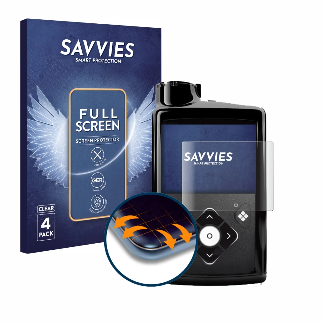 Front side of a product packaging with the brand logo Savvies. Next to it is the device Medtronic Minimed 780G shown with the