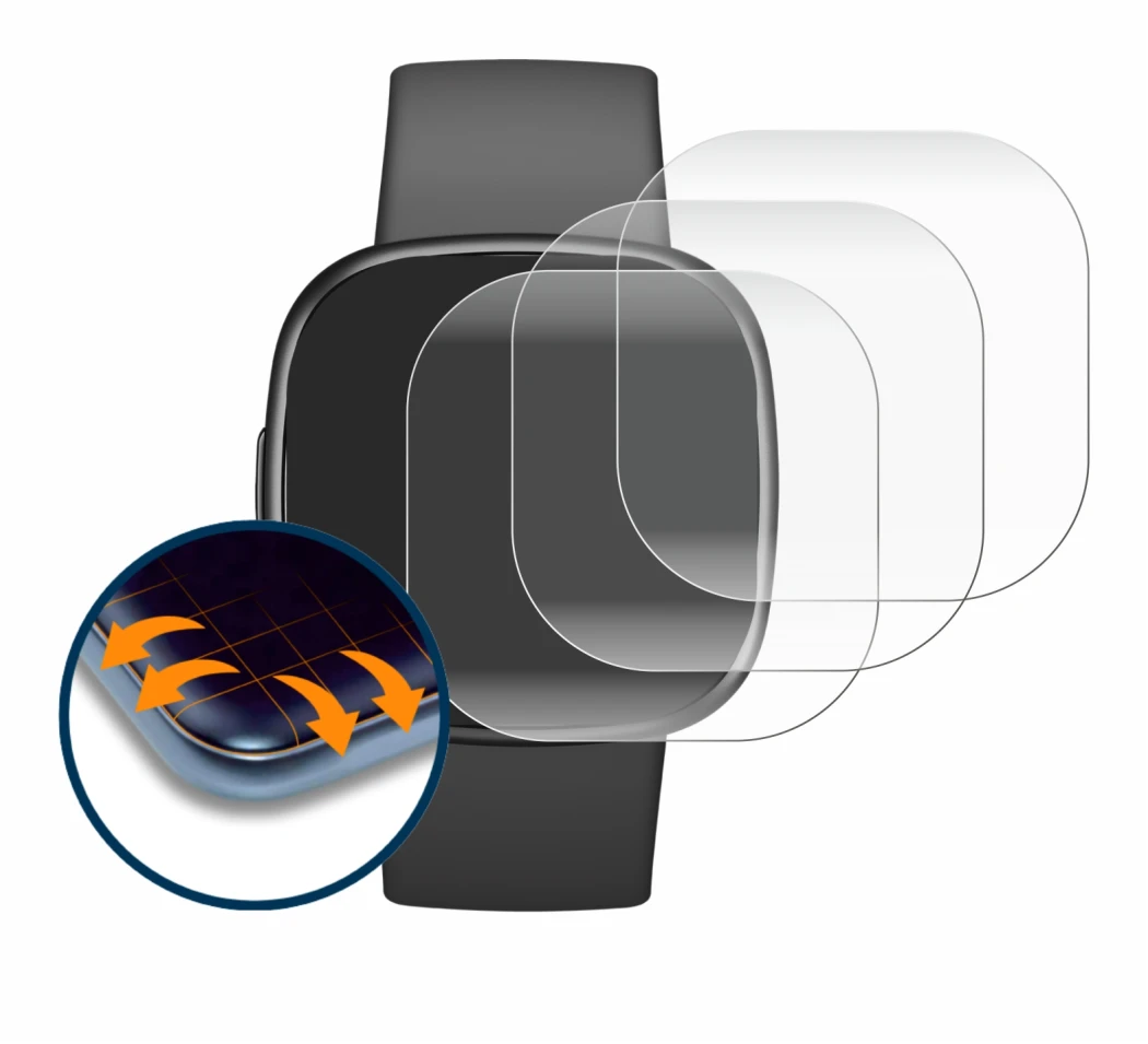 Image of the device Fitbit Sense 2 with a wide variety of screen protectors.